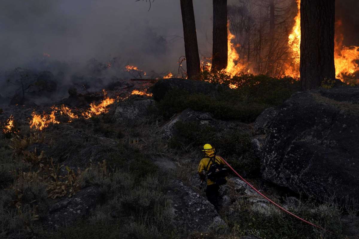 A firefighter carries a water hose toward a spot fire from the caldor fire burning along highway 89 near south lake tahoe, calif. , thursday, sept. 2, 2021.