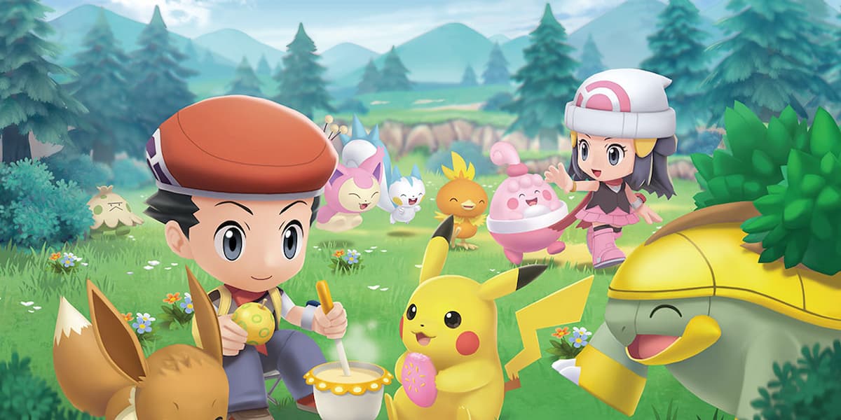 The player characters of Pokemon Brilliant Diamond and Shining Pearl are sat in a meadow like area cooking poffins for various pokemon.