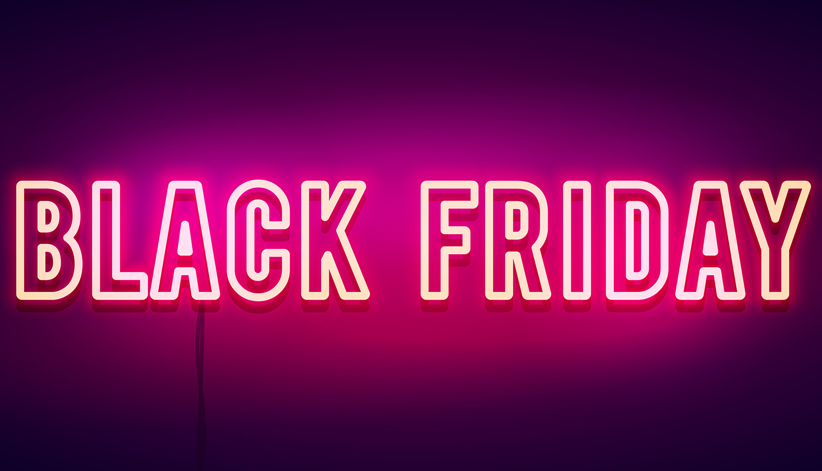 A glowing neon Black Friday sign with a dark background