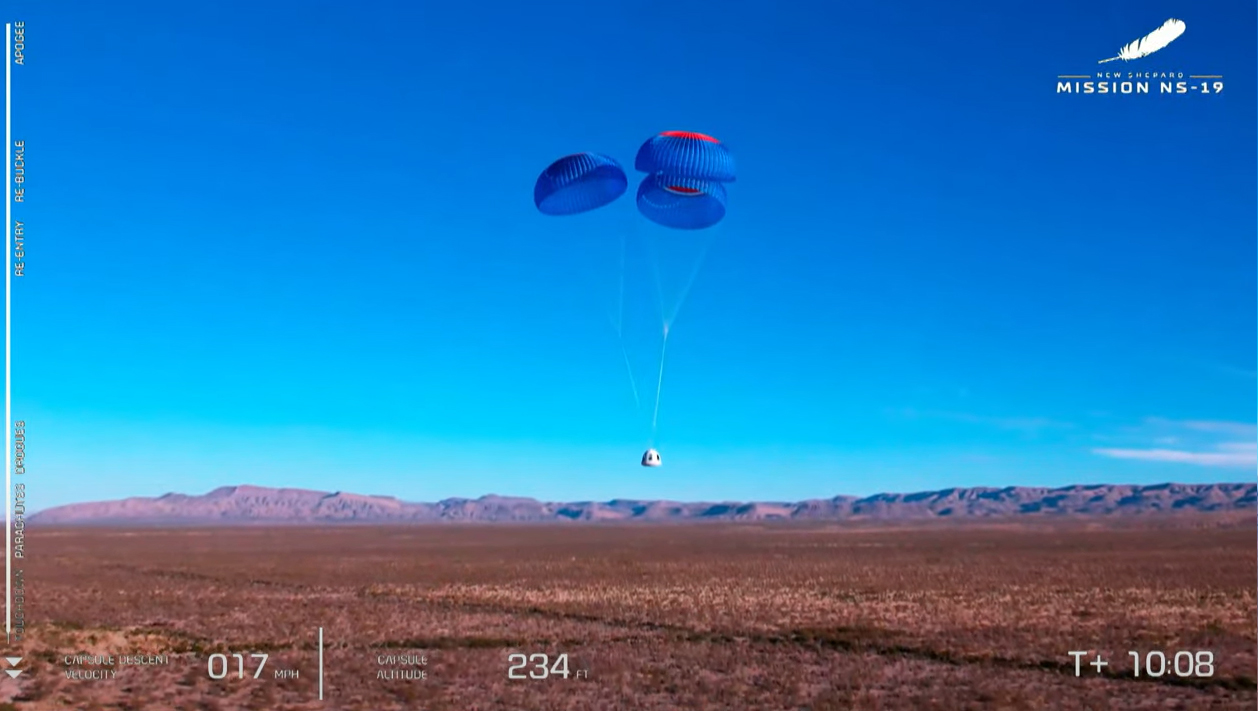 Blue Origin's New Shepard rocket and crew capsule launch the NS-19 space tourism flight with Good Morning America co-anchor Michael Strahan, Laura Shepard Churchley, Dylan Taylor, Evan Dick and Lane and Cameron Bess on board on Dec. 11, 2021 near Van Horn, Texas.