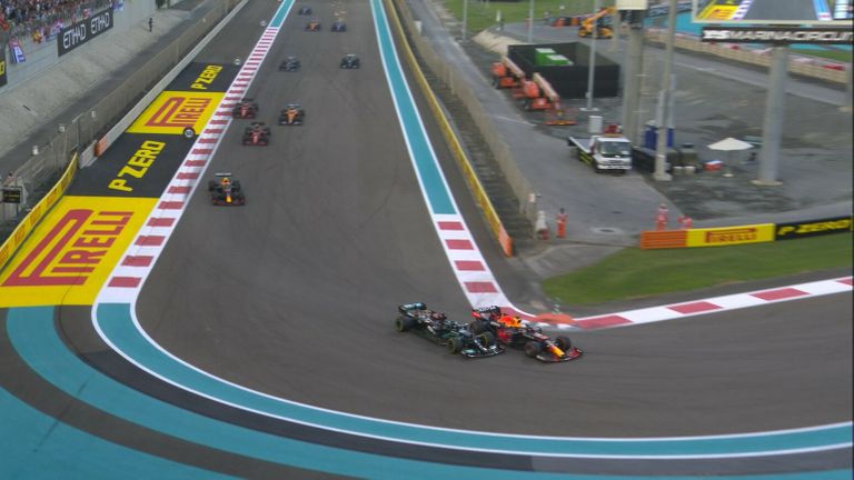Lewis Hamilton and Max Verstappen go wheel-to-wheel and the Mercedes goes off track down at Turn Seven!