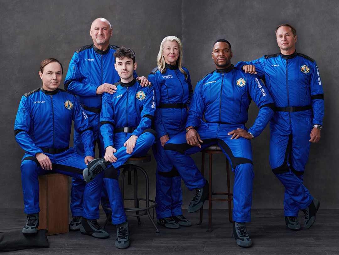 The six passengers of Blue Origin's NS-19 flight, from left: Dylan Taylor, Lane and Cameron Bess, Laura Shepard Churchley, Michael Strahan and Evan Dick.
