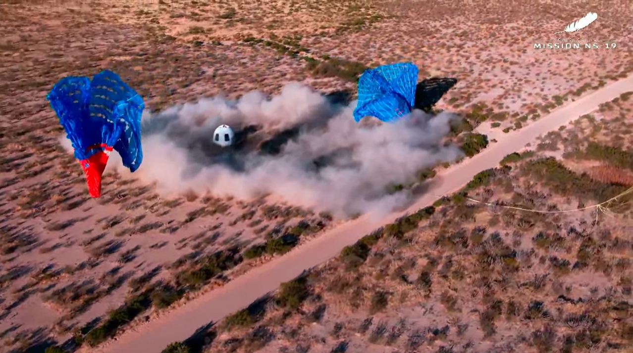 Blue Origin's New Shepard rocket and crew capsule launch the NS-19 space tourism flight with Good Morning America co-anchor Michael Strahan, Laura Shepard Churchley, Dylan Taylor, Evan Dick and Lane and Cameron Bess on board on Dec. 11, 2021 near Van Horn, Texas.