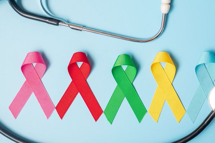Colorful awareness ribbons and stethoscope