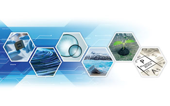 small collage of a person holding a microchip with gloves, blue abstract swirls, hyaluronic acid molecules, mountain scenery landscape, plant growing on  a computer circuit board, and periodic table, on an abstract blue technology vector background