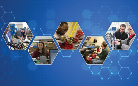 collage banner of 5 pictures with studnets learning different pieces of technology