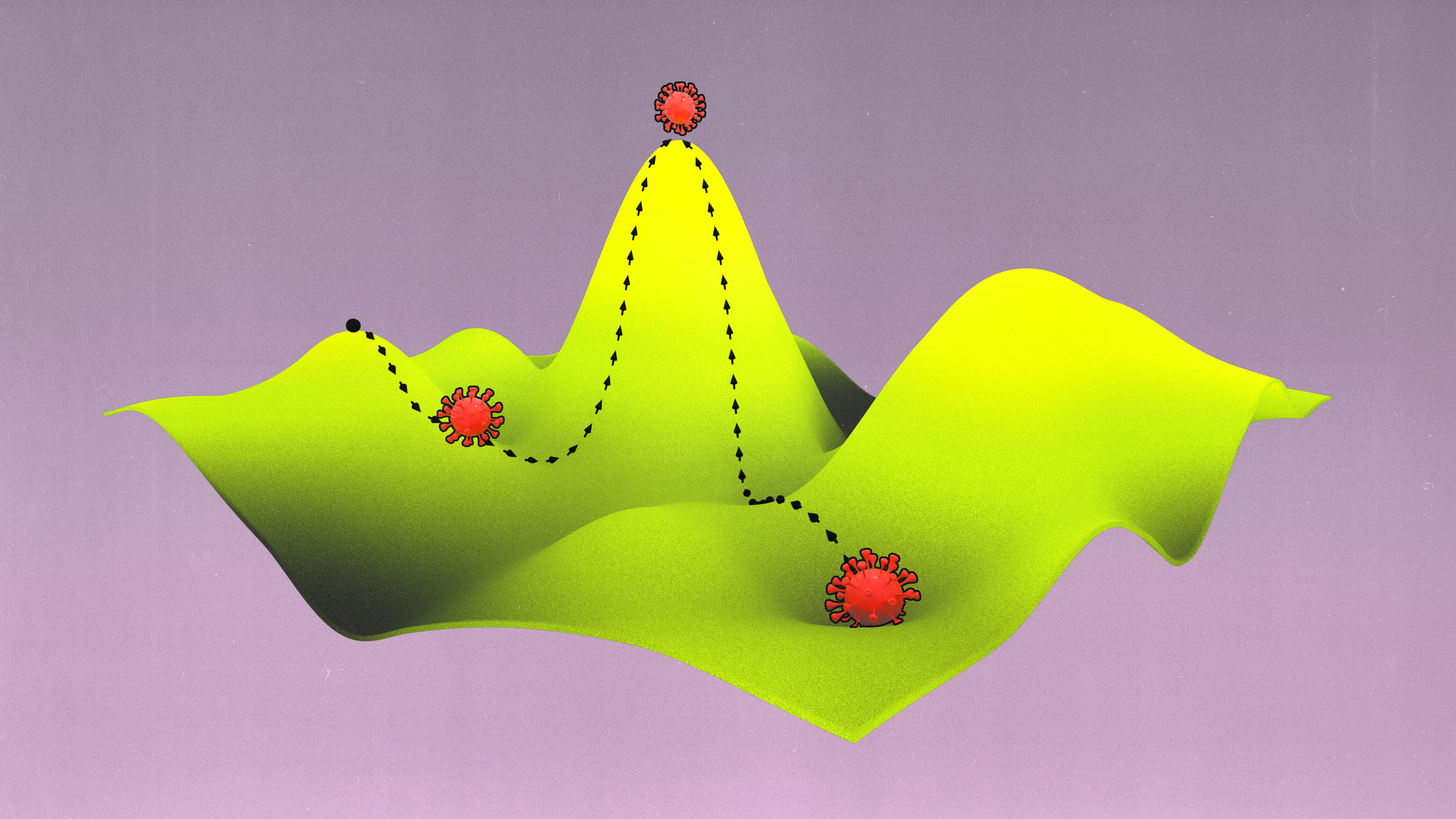 Illustration of COVID-19 virus particles rolling across a 3D landscape.