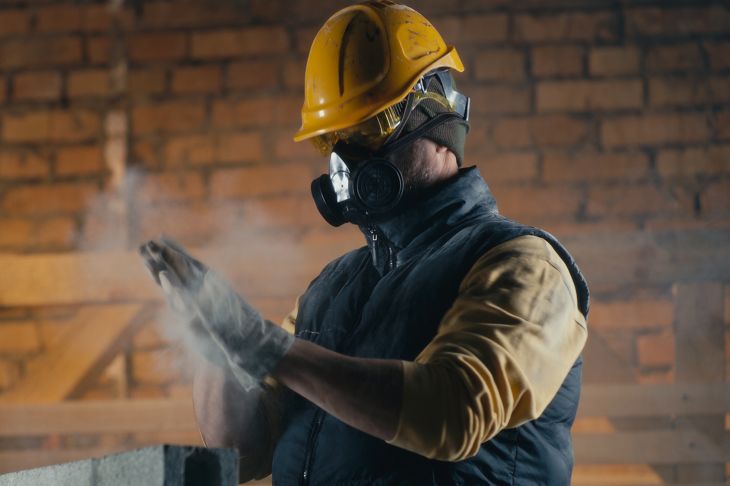 Man shaking dust from gloves wearing gas mask