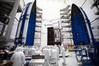 The GOES-T satellite is seen before being encapsulated in its payload fairing Astrotech Space Operations facility in Titusville, Florida so it can be installed atop a United Launch Alliance Atlas V rocket ahead of a scheduled March 1, 2022 launch from Cape Canaveral Space Force Station.