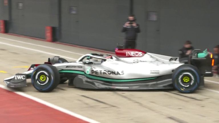 George Russell takes to the track for the first time in the Mercedes F1 W13 at Silverstone.