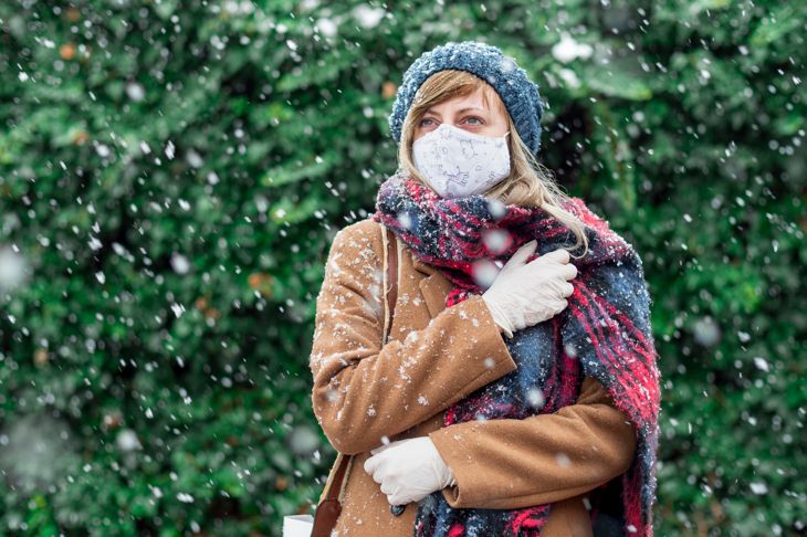woman wearing mask and gloves in winter to prevent disease