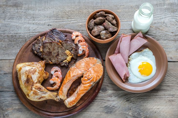 Protein diet: cooked products on the wooden background