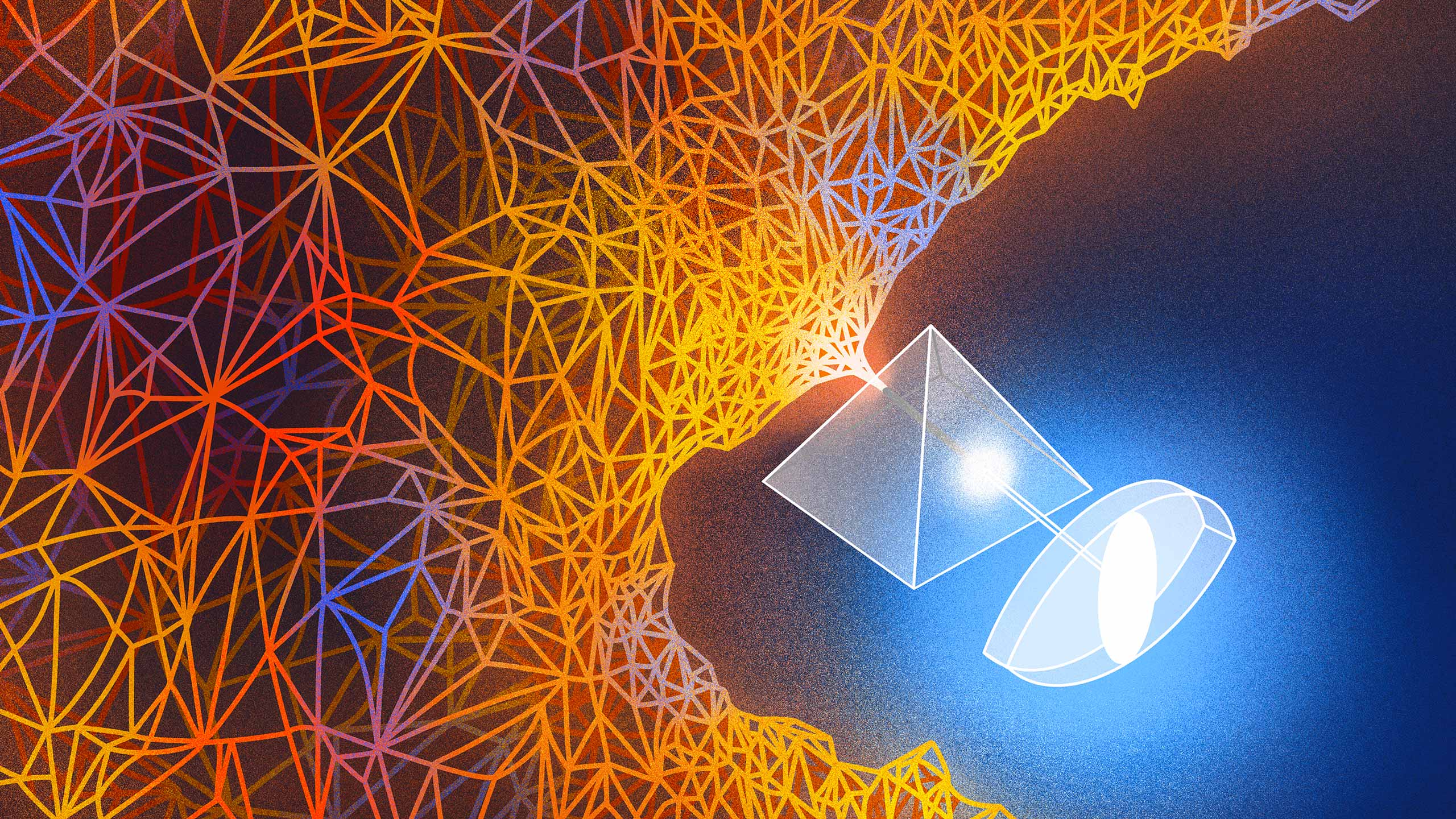 An illustration showing an orange and blue network of lines focus into a clear pyramid, emerging as a white light traveling into a clear eye.