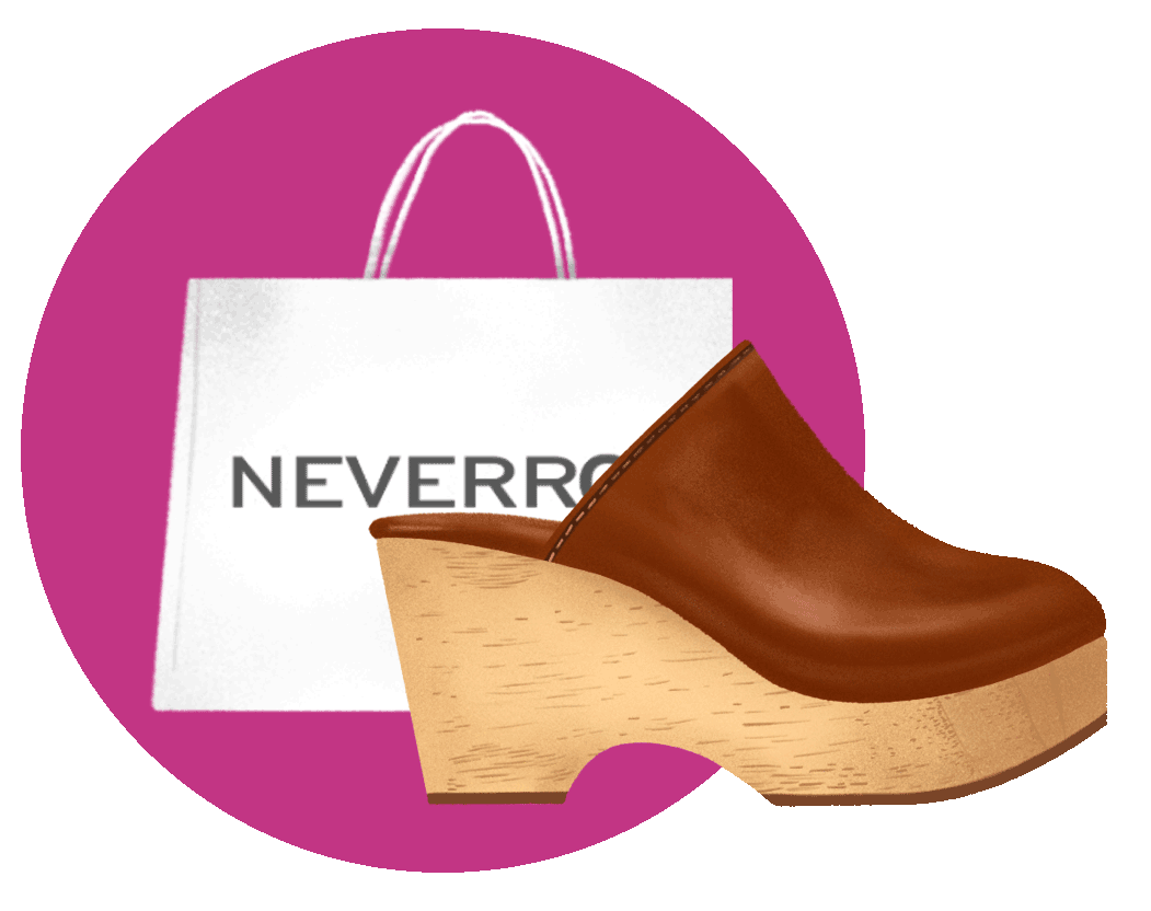 illustration: brown leather and wood clog with a white shopping bag and magenta circle behind