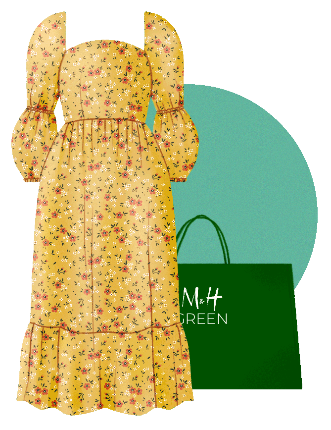 Illustration: yellow ruffled dress with red floral pattern, a green shopping bag and green circle behind