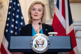 Foreign Secretary Elizabeth Truss holds a joint press conference with US Secretary of State Antony Blinken (not in frame) in the State Department in Washington, DC, on March 9, 2022.