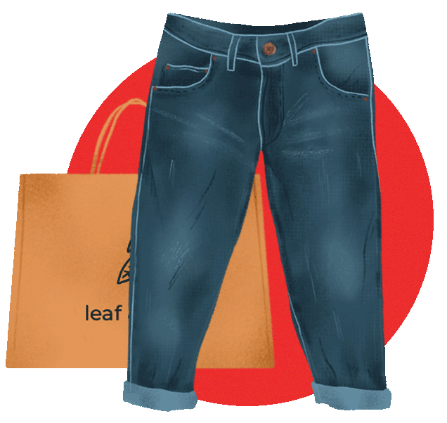 Illustration: baggy dark blue jeans with brown shopping bag and red circle behind
