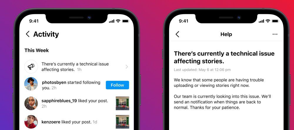 Instagram's example of an outage status message
