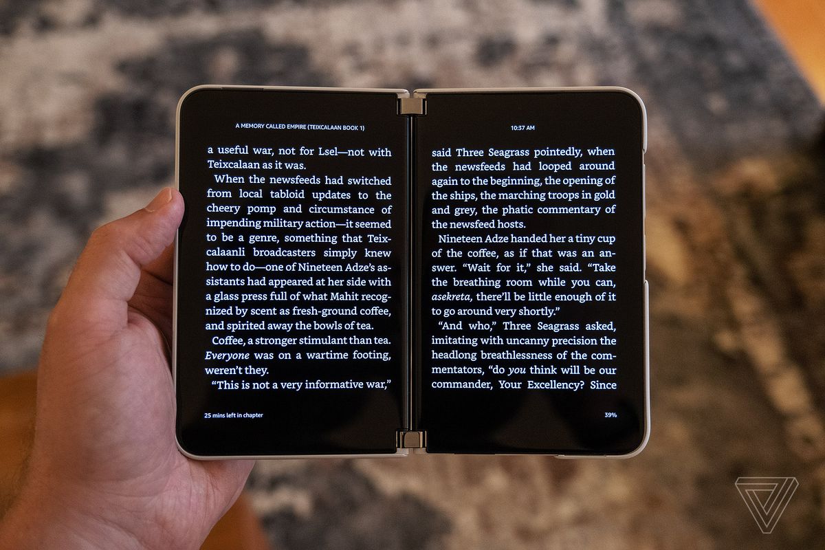 A Kindle eBook spanning both screens of the Microsoft Surface Duo 2