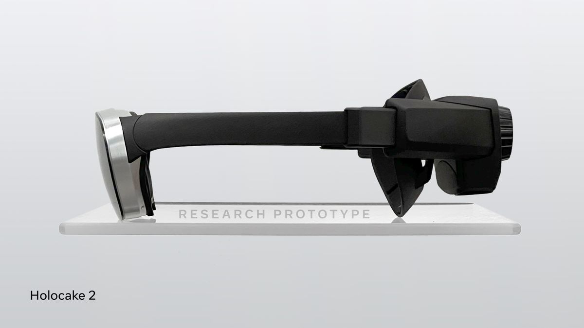 A slim prototype vr headset seen from the side