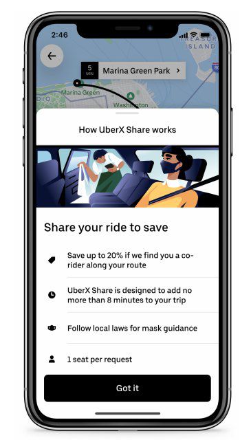 UberX Share information in the Uber app detailing savings, mask guidance and 1 seat per rider rule