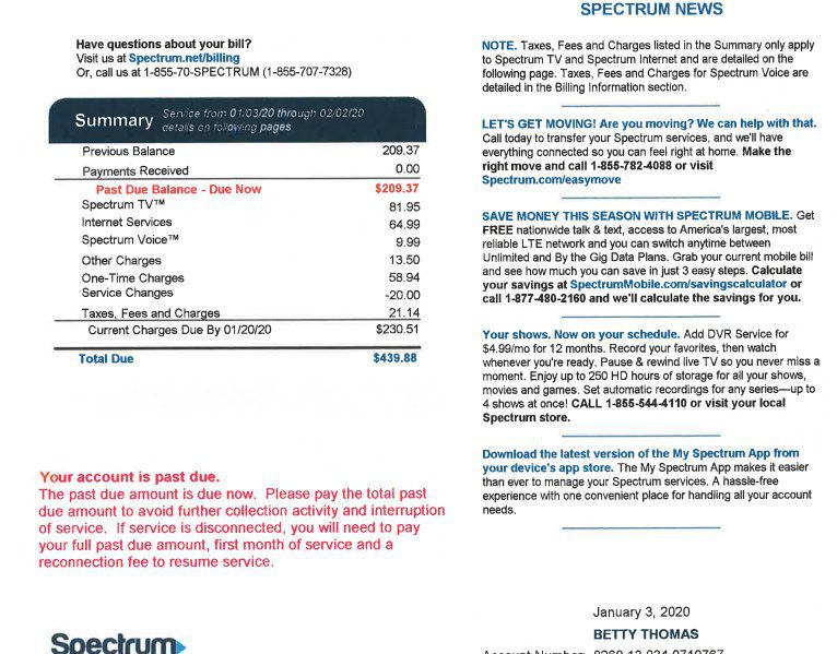 Charter Spectrum Invoice Sent to Betty Thomas in 2020