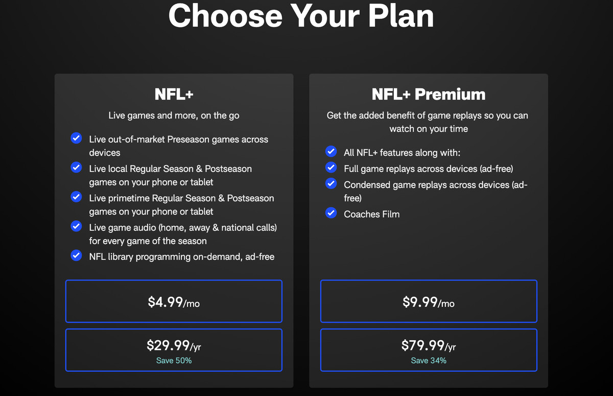 Nfl plus streaming has live games for 499 a month