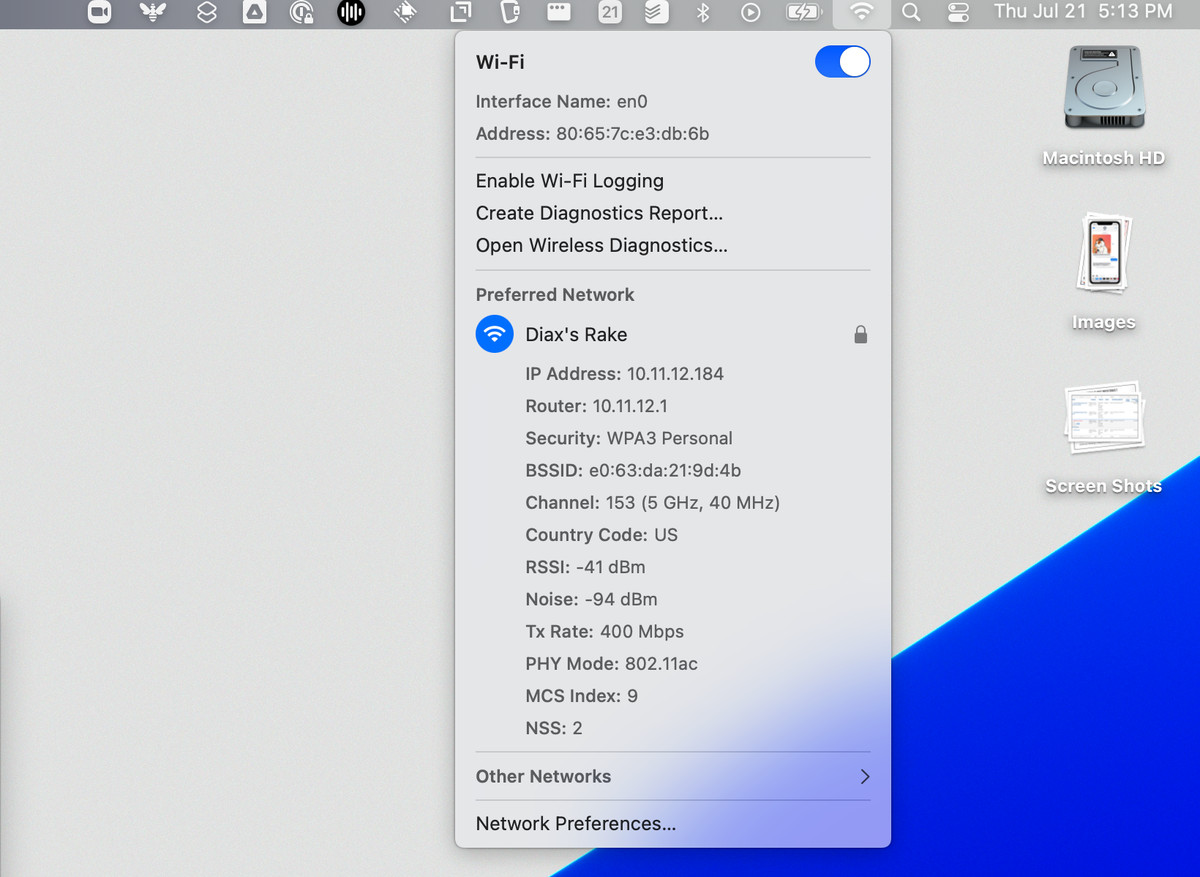 Drop-down menu on Mac for connection information