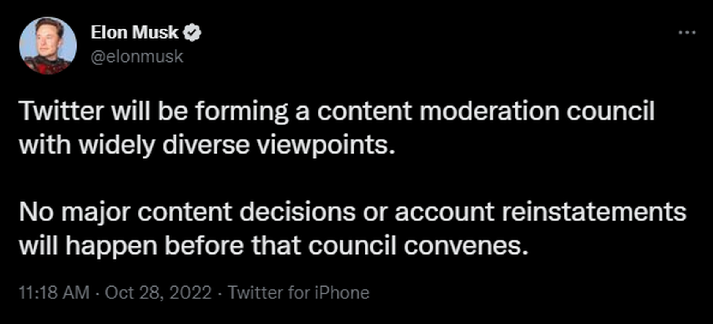 “There will never be any major substantive decisions or account recovery [the content moderation council] comes together,” Musk wrote in late October.