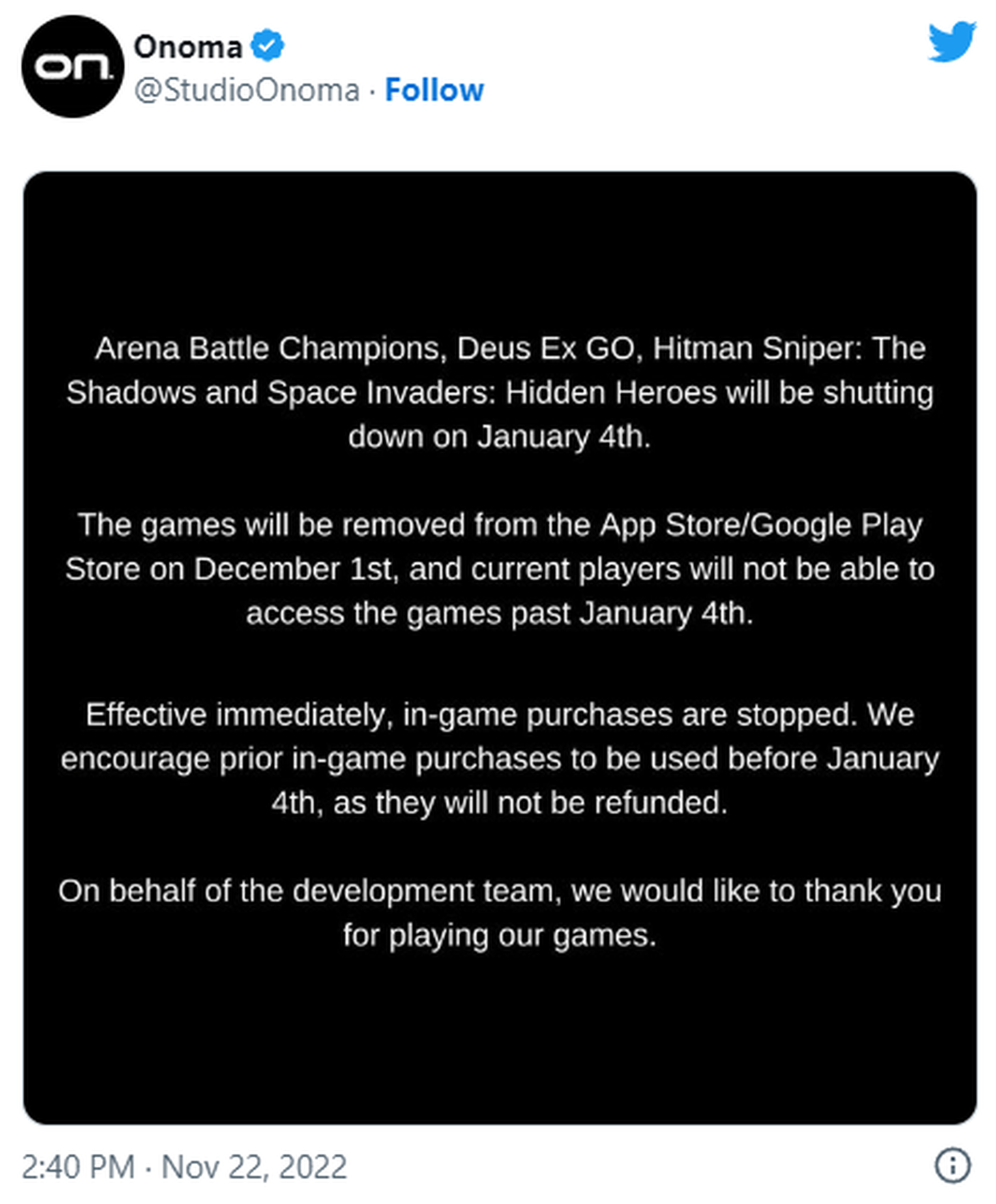 the tweet explains that there will be no refunds for players and that games will be discontinued on January 4