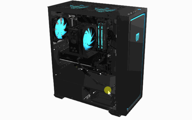 I revolve around a rendered version of the case in 3d, like a video game, with all the components and cables inside.