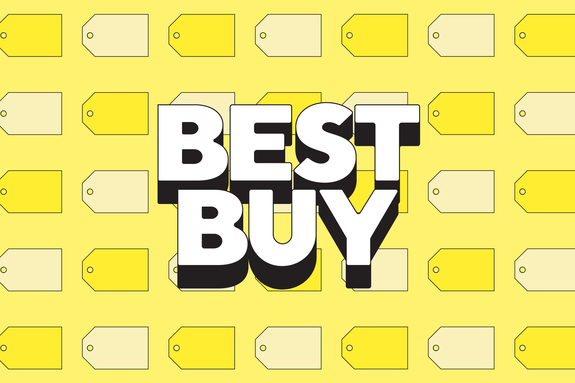 Best buy logo superimposed over white and yellow labels.