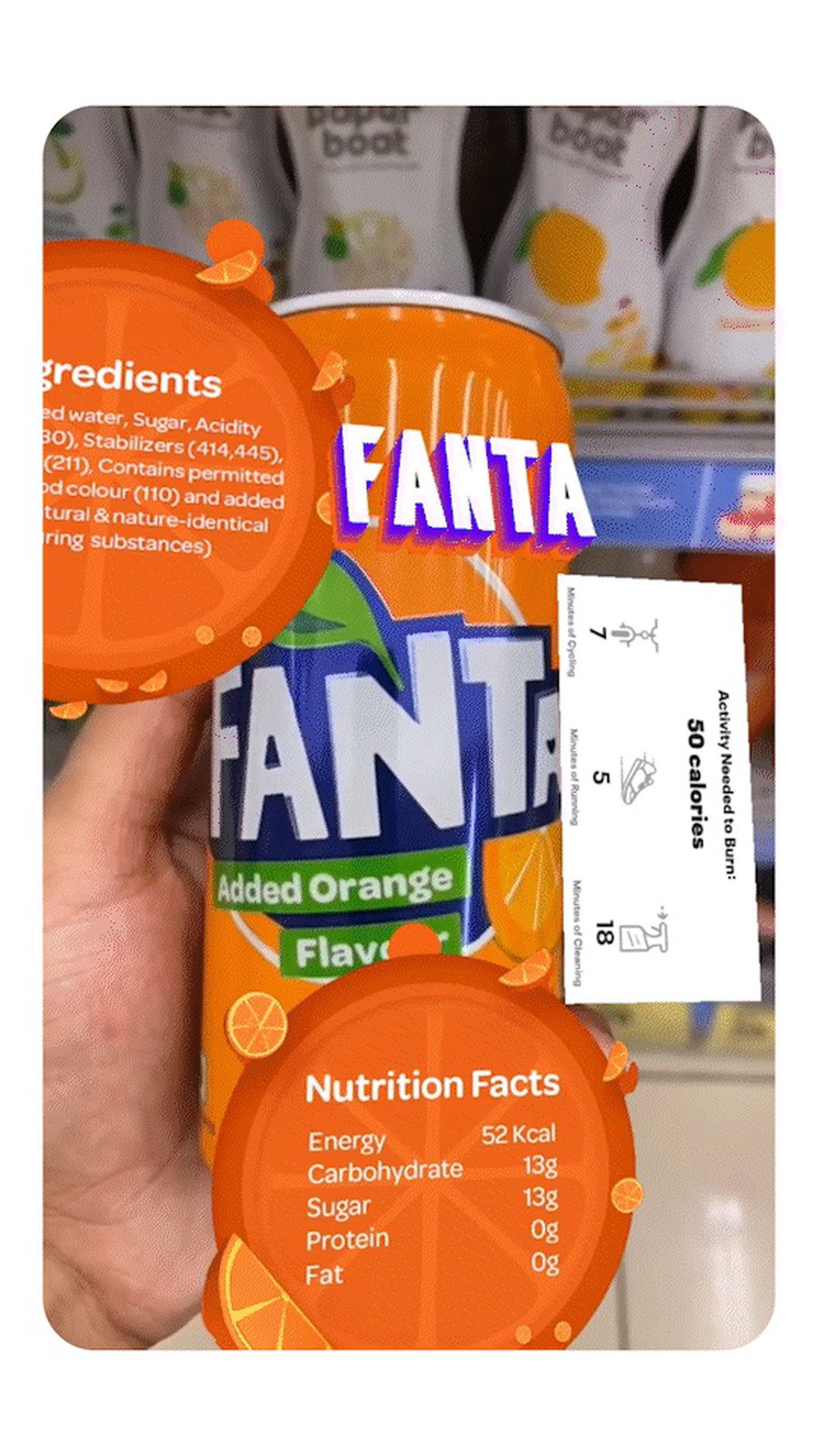 A fanta can with virtual ingredients and nutrition labels appearing around the physical can.