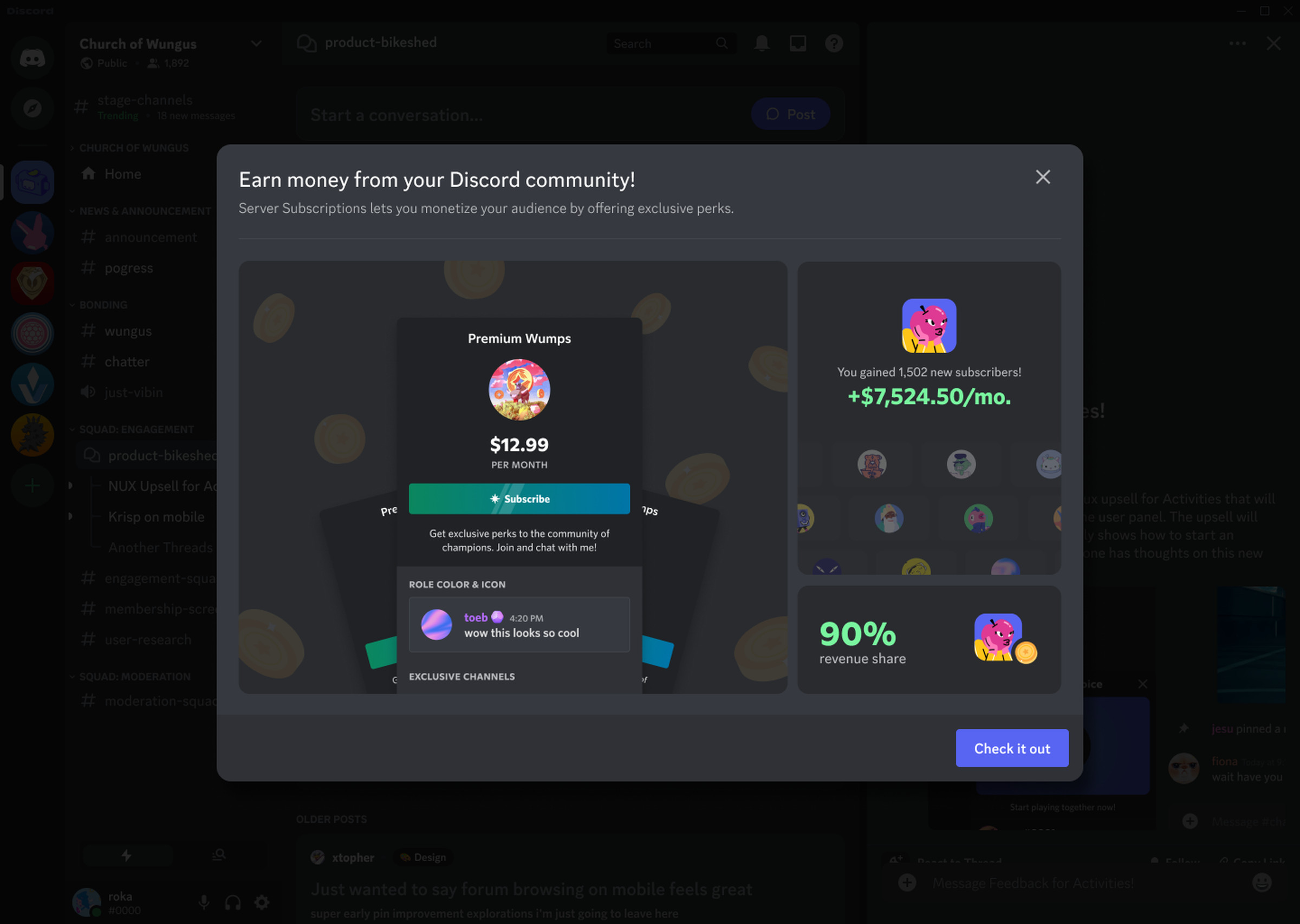 Image of discord showing the new subscription program that allows creators to monetize their discord server