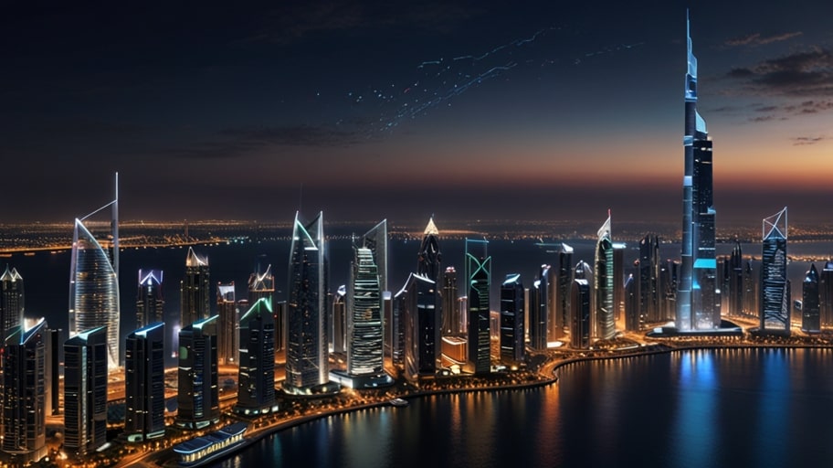 Futuristic digital interface of UAE’s blockchain hub, glowing with holographic trade data and global connections, set against a sleek, modern cityscape at dusk.